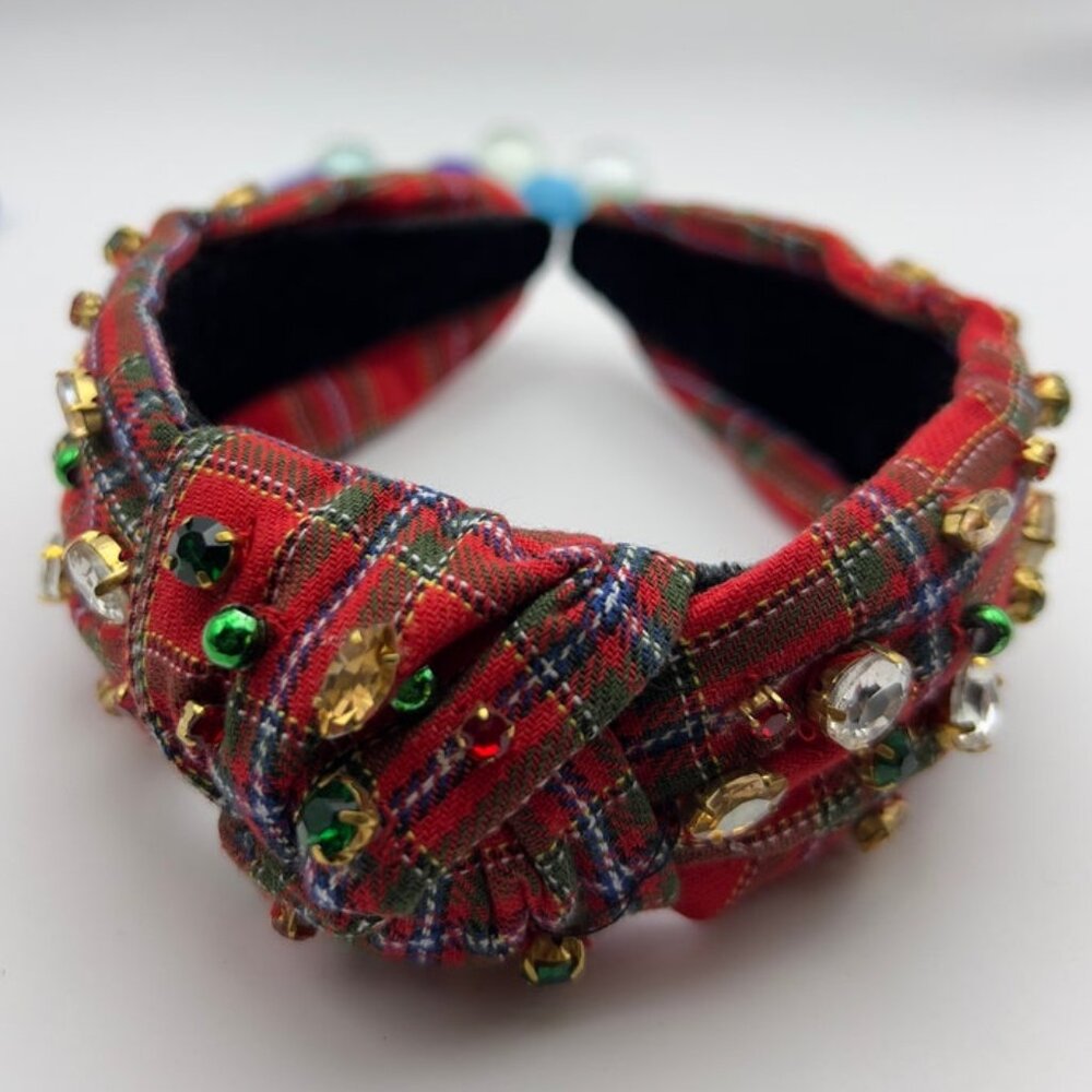 Festive Red Tartan Handmade Knotted Jeweled Headband Holiday Elegance